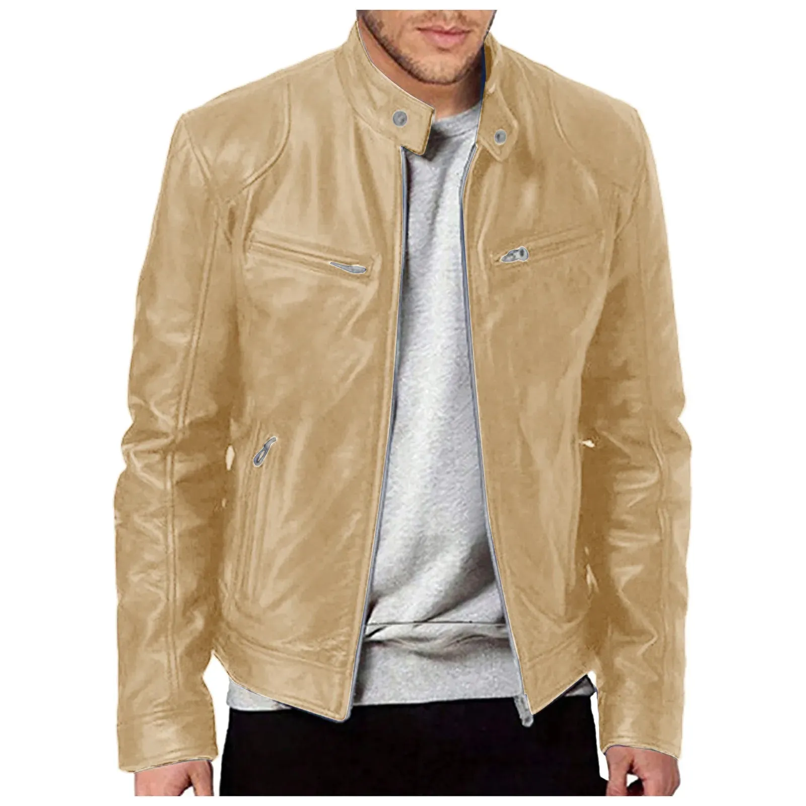 Mens Stand Up Slim Leather Jacket Gentleman Zipper High Street Motorcycle Leather Jacket Youth Handsome Cardigan For Men Winter