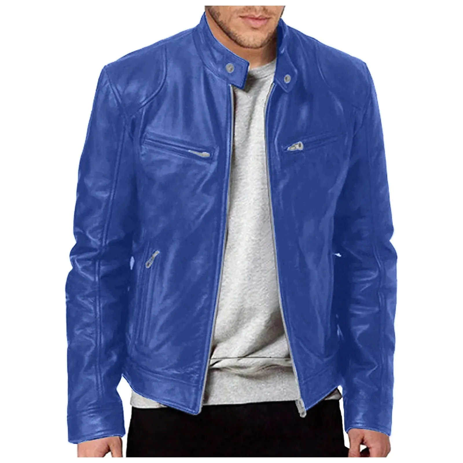 Mens Stand Up Slim Leather Jacket Gentleman Zipper High Street Motorcycle Leather Jacket Youth Handsome Cardigan For Men Winter