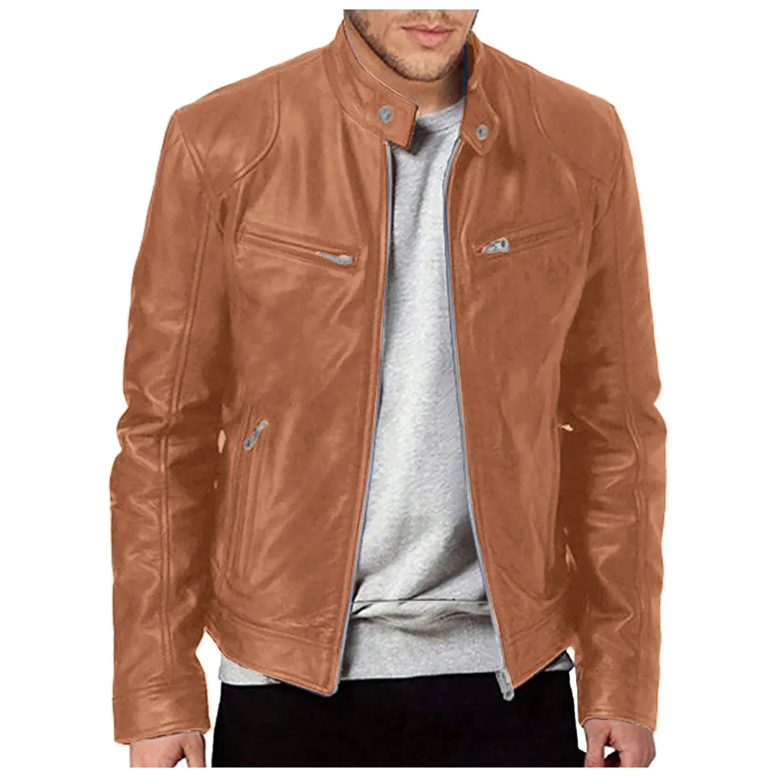 Mens Stand Up Slim Leather Jacket Gentleman Zipper High Street Motorcycle Leather Jacket Youth Handsome Cardigan For Men Winter