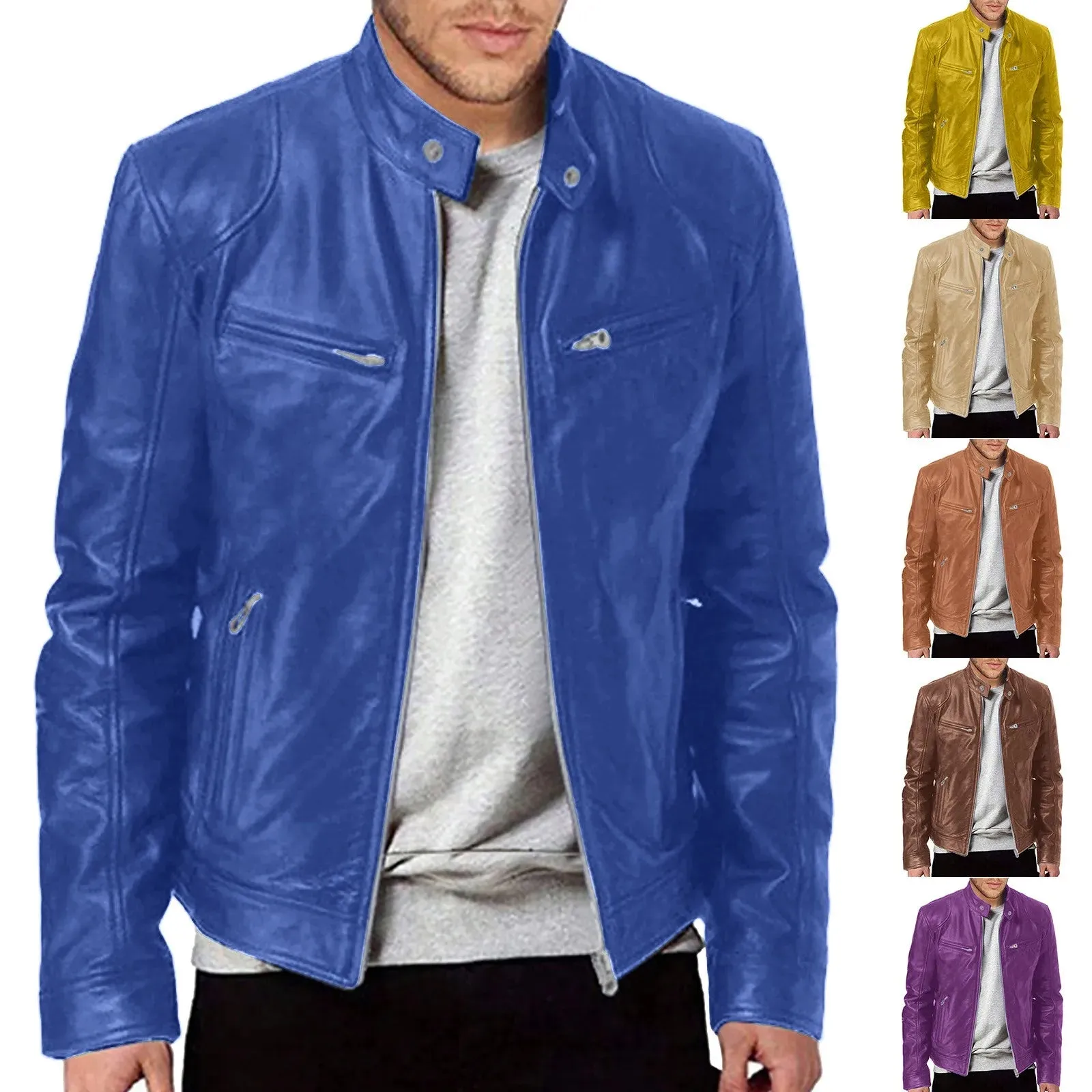 Mens Stand Up Slim Leather Jacket Gentleman Zipper High Street Motorcycle Leather Jacket Youth Handsome Cardigan For Men Winter
