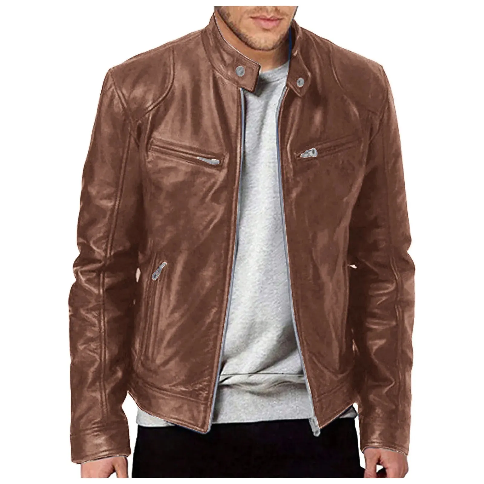 Mens Stand Up Slim Leather Jacket Gentleman Zipper High Street Motorcycle Leather Jacket Youth Handsome Cardigan For Men Winter