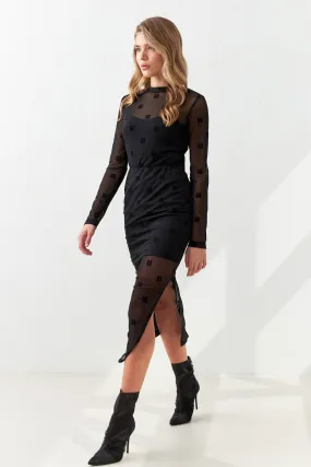 Setre Transparent Midi Skirt With Slit And Print Detail Black