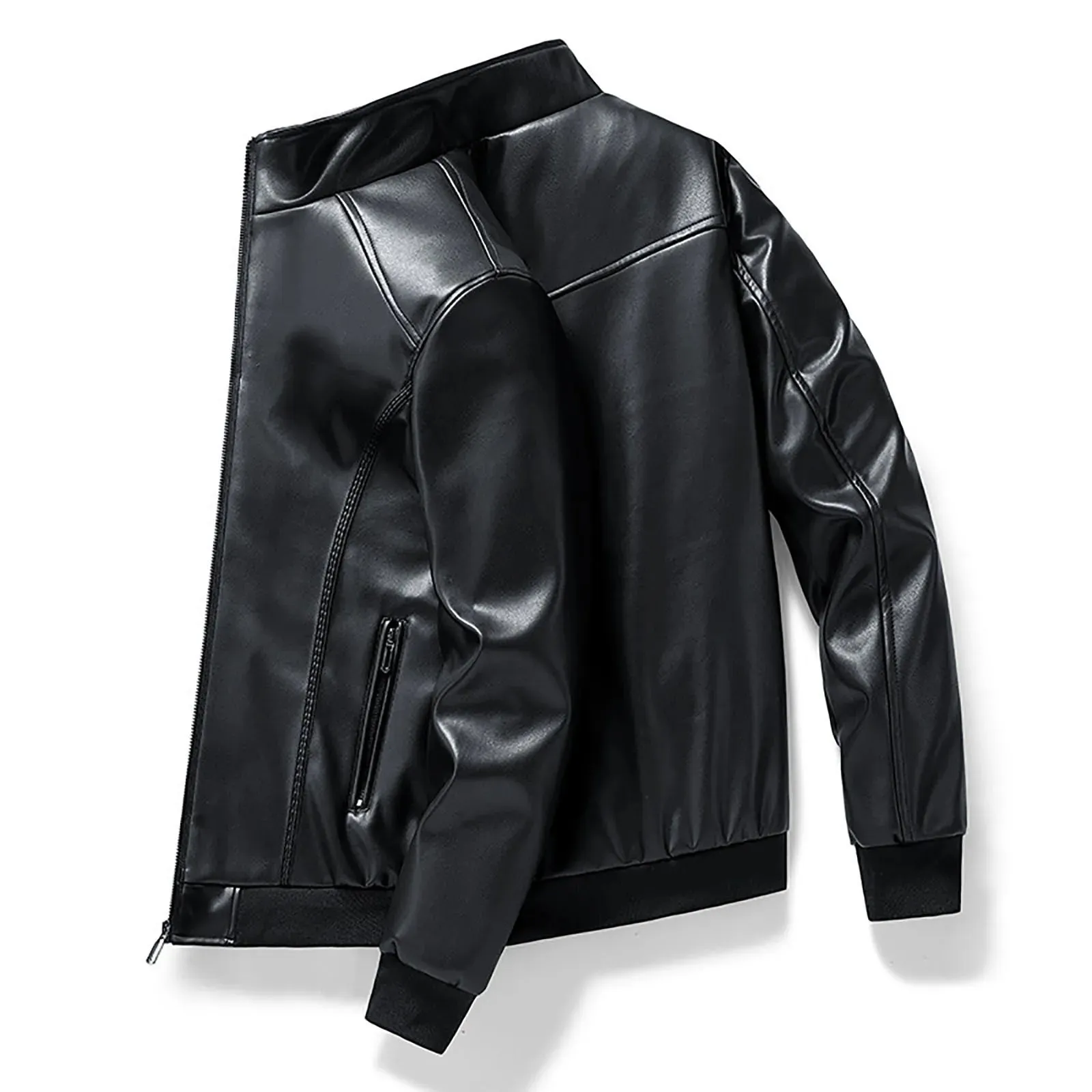 Stand Up Collar Trend Men'S Jacket Pu Leather Zipper Fleece Jacket Fall Solid Color Casual Outwear Long Sleeved Outdoor Jackets
