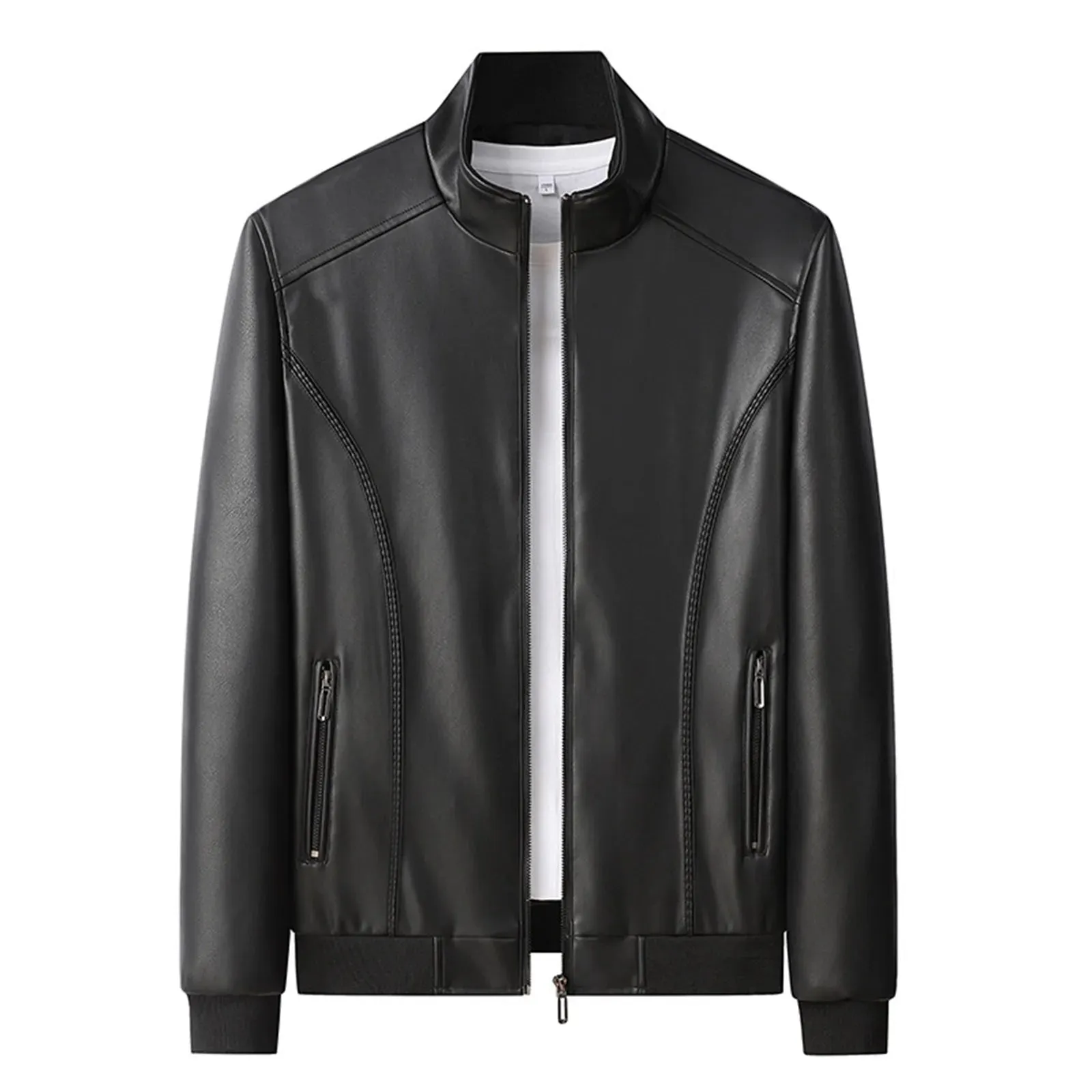Stand Up Collar Trend Men'S Jacket Pu Leather Zipper Fleece Jacket Fall Solid Color Casual Outwear Long Sleeved Outdoor Jackets