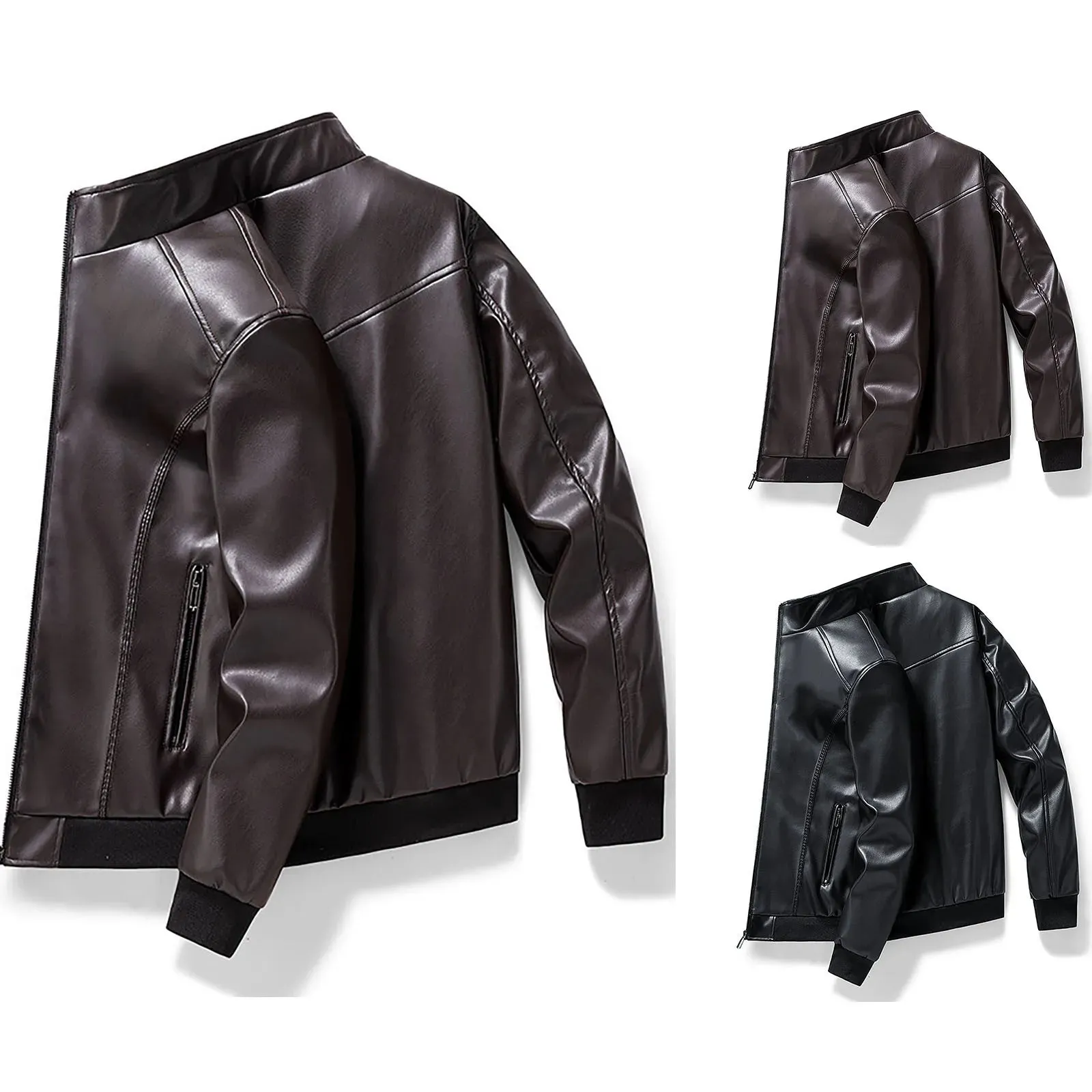 Stand Up Collar Trend Men'S Jacket Pu Leather Zipper Fleece Jacket Fall Solid Color Casual Outwear Long Sleeved Outdoor Jackets