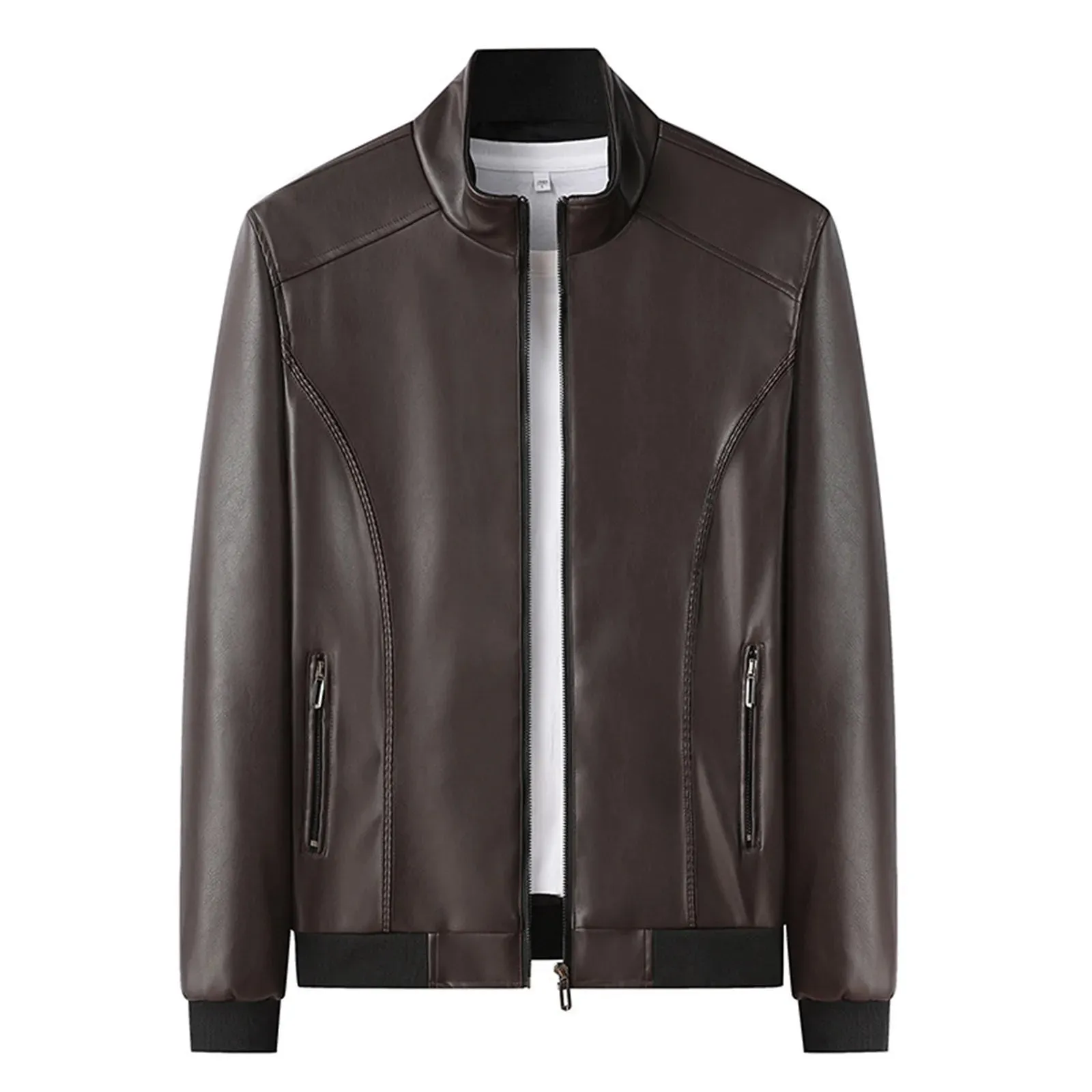 Stand Up Collar Trend Men'S Jacket Pu Leather Zipper Fleece Jacket Fall Solid Color Casual Outwear Long Sleeved Outdoor Jackets