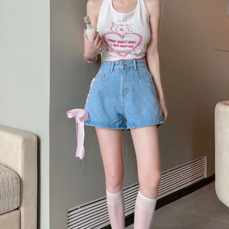Vintage High-waisted Lacing-up Denim Shorts