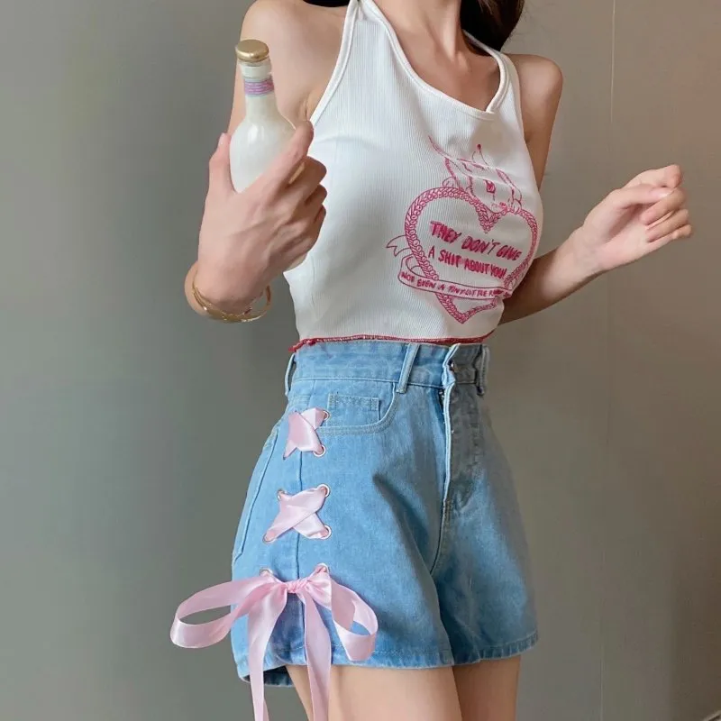 Vintage High-waisted Lacing-up Denim Shorts